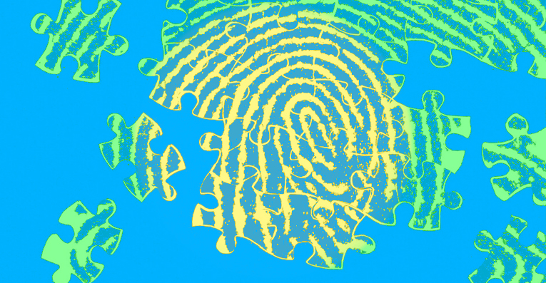 Piezas de rompecabezas unidas con una huella de identidad en su interior